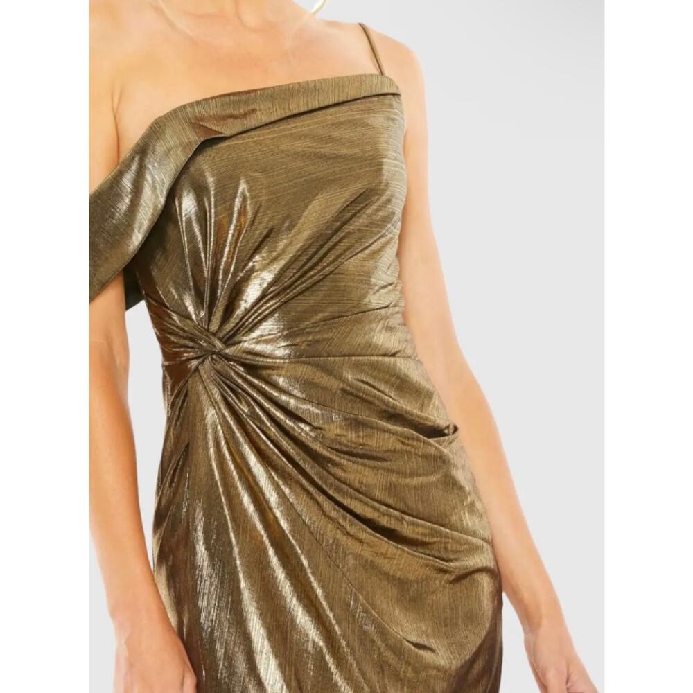 Mac Duggal 27360 Gold Asymmetrical Front Knot Mini Dress sz M - Picture 2 of 6